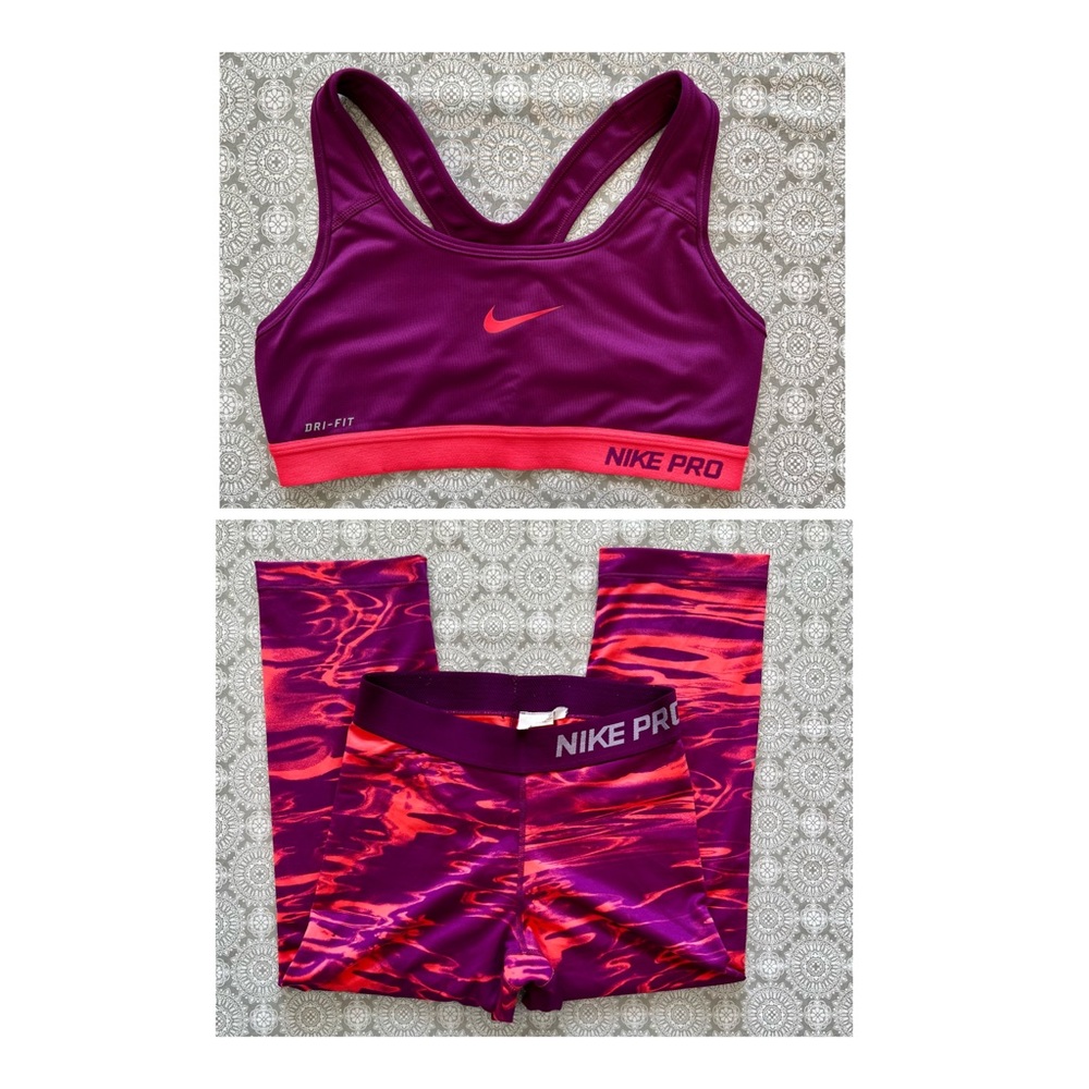 SET — Women’s Nike Pro coral pink / purple magenta sports bra (S) and capri (XS)